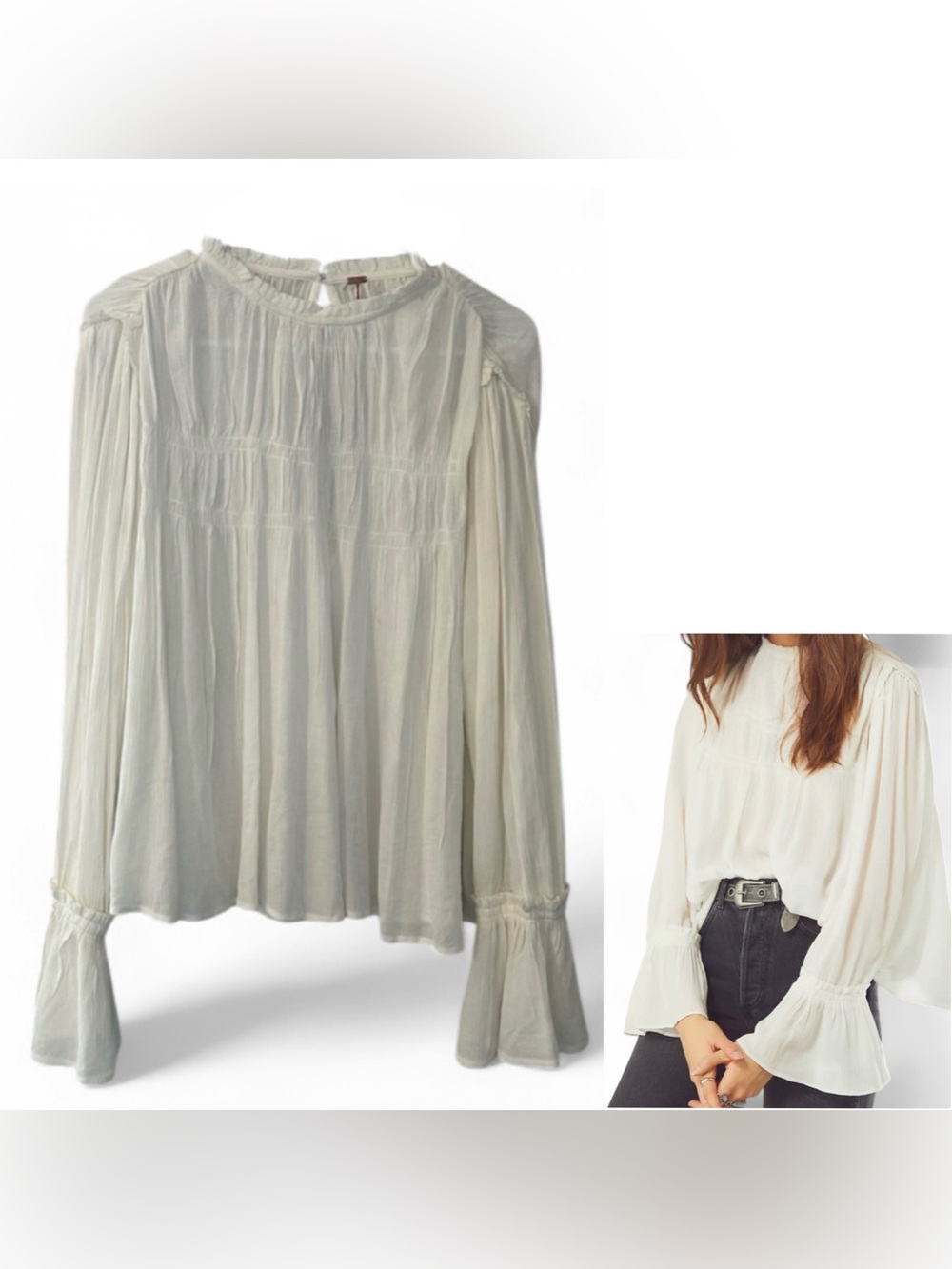 Free People Kelsey Pleated Blouse with Bell Sleeves & Keyhole Back!
